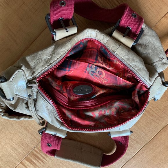 Beige Leather satchel bag with burgundy straps